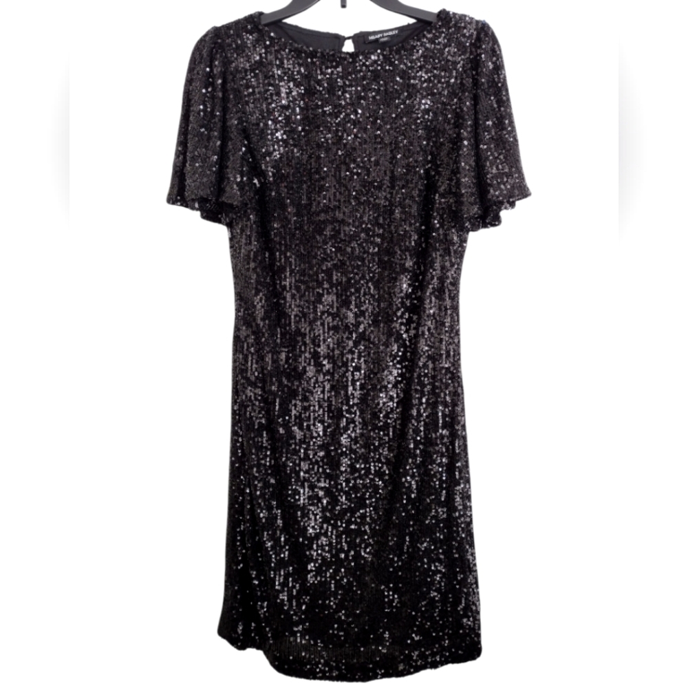Hilary Radley Black Sequin Dress With Glitter Sleeves Size Medium